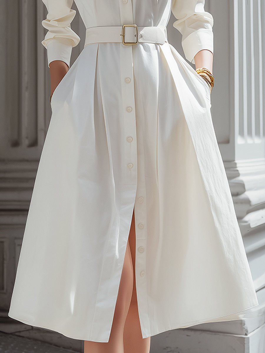 Elegant Shirt Dress With Belted Waist And High Collar