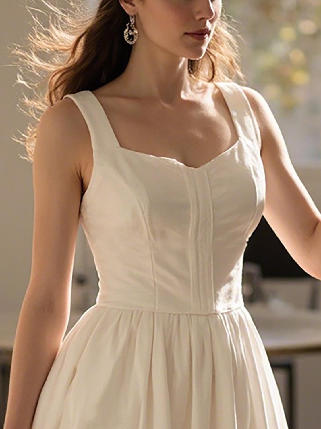 Maxi Linen Dress, Sleeveless, Sweetheart Neckline, Plain, Lace, Vintage, White