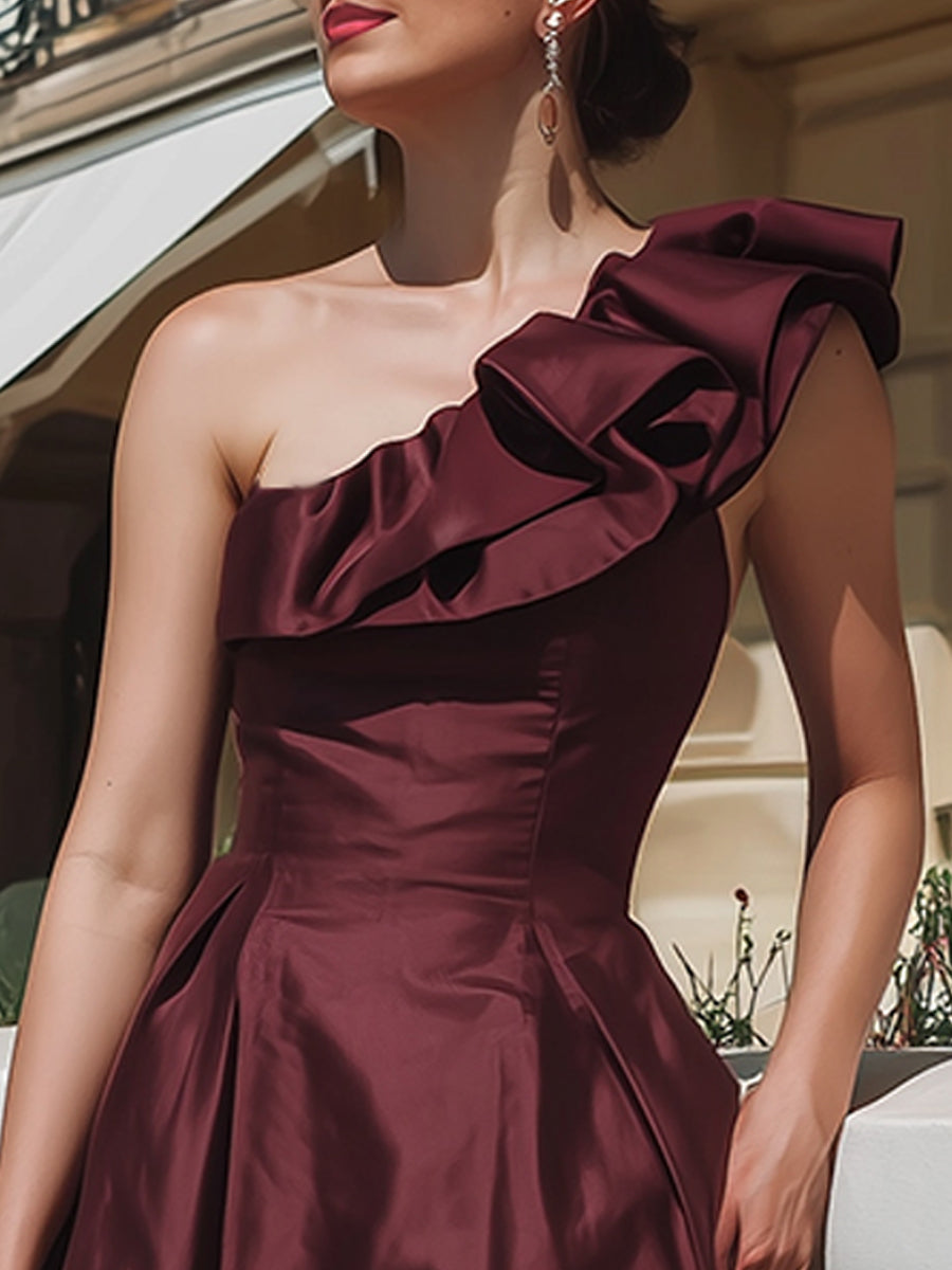 Elegant One-Shoulder Ruffle Midi Dress