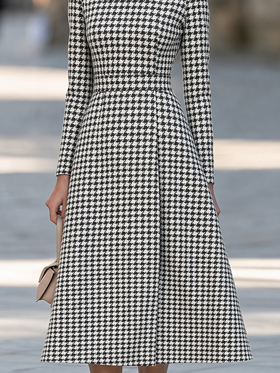 Houndstooth Print High Neck Long Sleeve A-Line Midi Dress