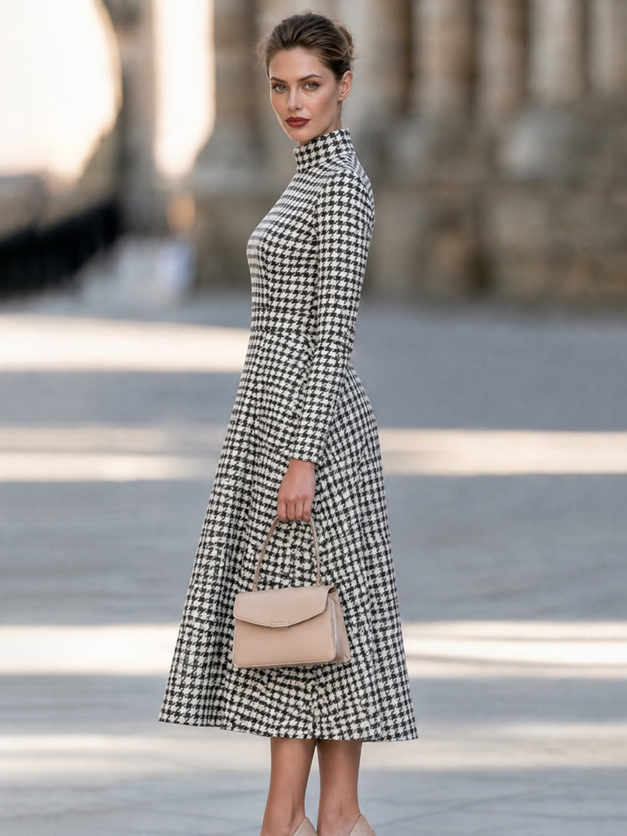 Houndstooth Print High Neck Long Sleeve A-Line Midi Dress