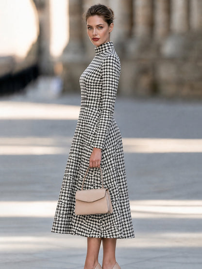 Houndstooth Print High Neck Long Sleeve A-Line Midi Dress