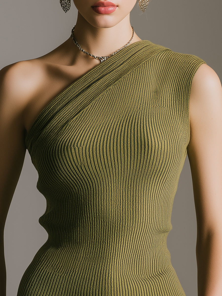 Olive One-Shoulder Ribbed Knit Top