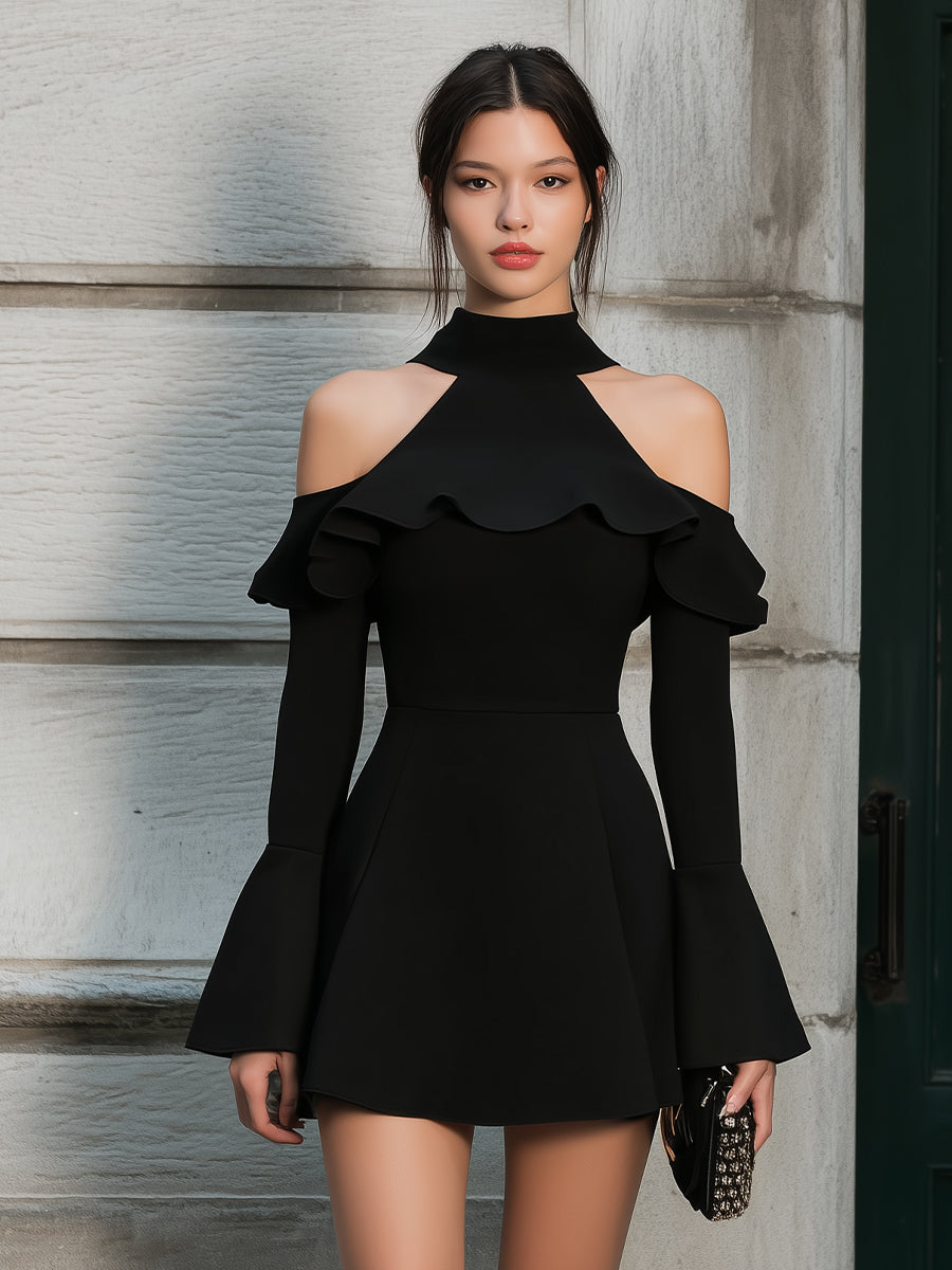 Cold-Shoulder Ruffled Mini Dress With High Neck