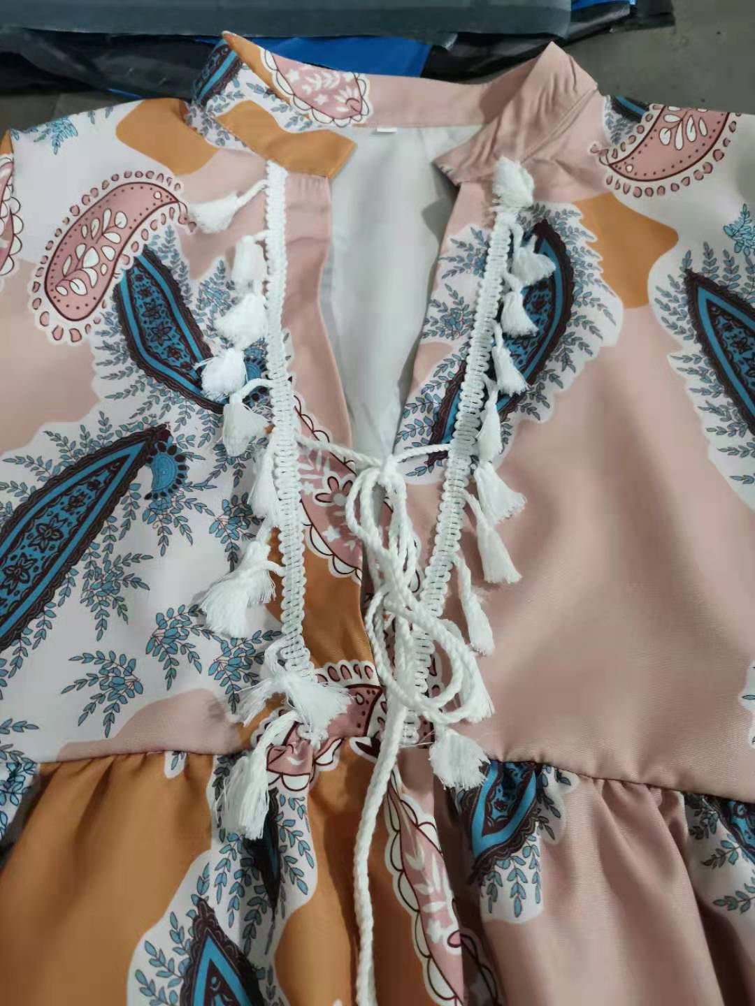 Printed V-neck Pink Turtleneck Tassel Boho Dress