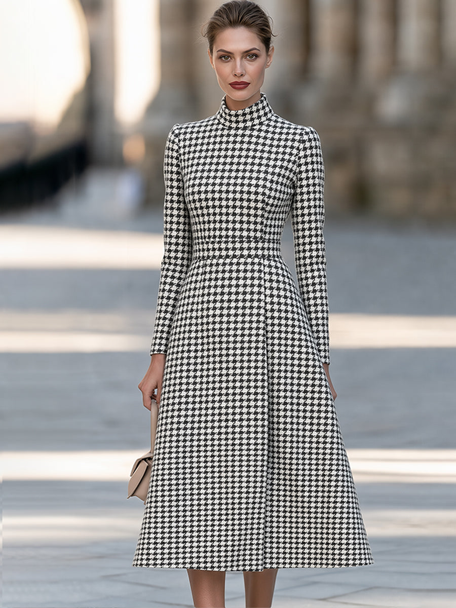 Houndstooth Print High Neck Long Sleeve A-Line Midi Dress