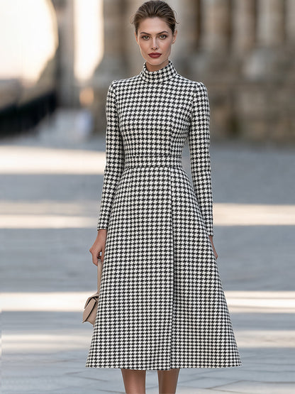 Houndstooth Print High Neck Long Sleeve A-Line Midi Dress