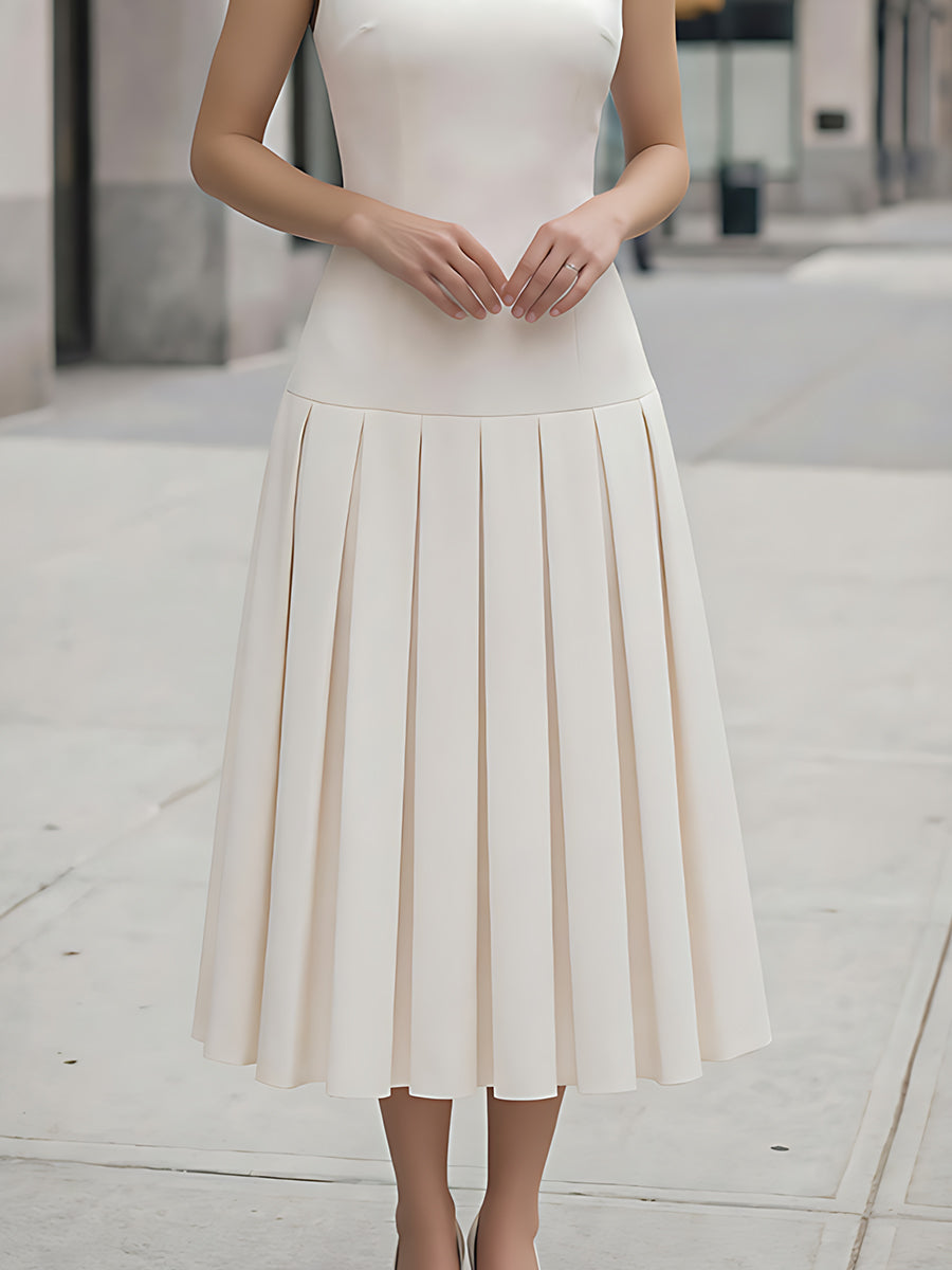 High-Neck Pleated Midi Dress With Sculpted Bodice