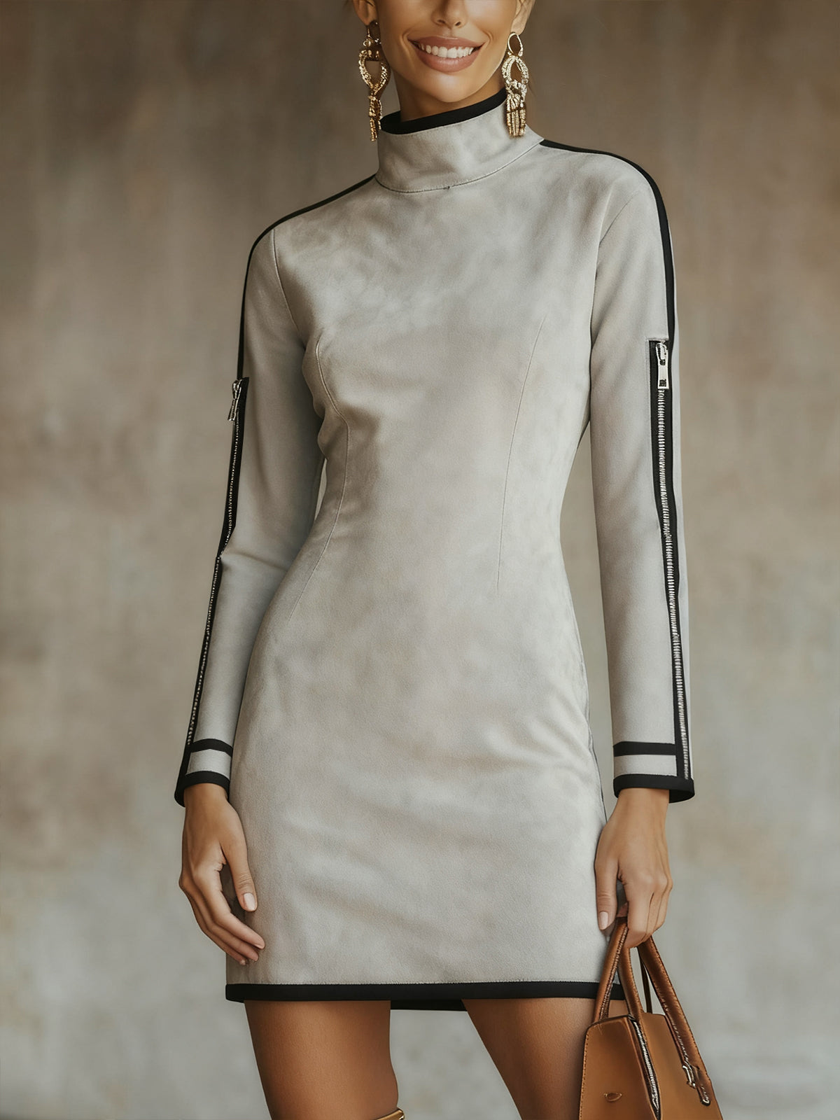 Gray Faux Suede Mock Neck Mini Dress With Zip Sleeve Detail