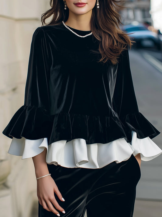Velvet Ruffle Hem Blouse With Contrast Layered Flounces