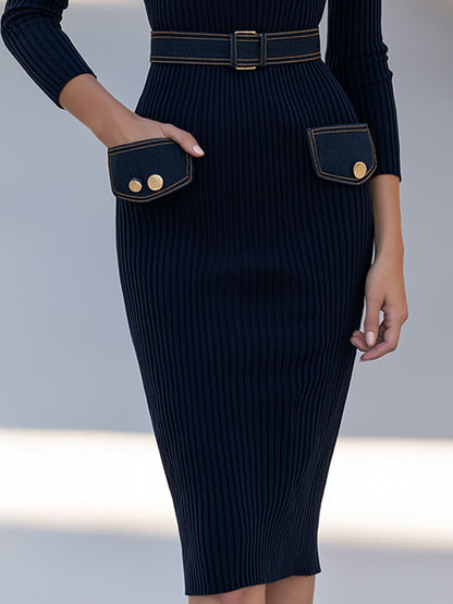 Color-Block Denim-Trimmed Ribbed Knit Midi Dress With Belt