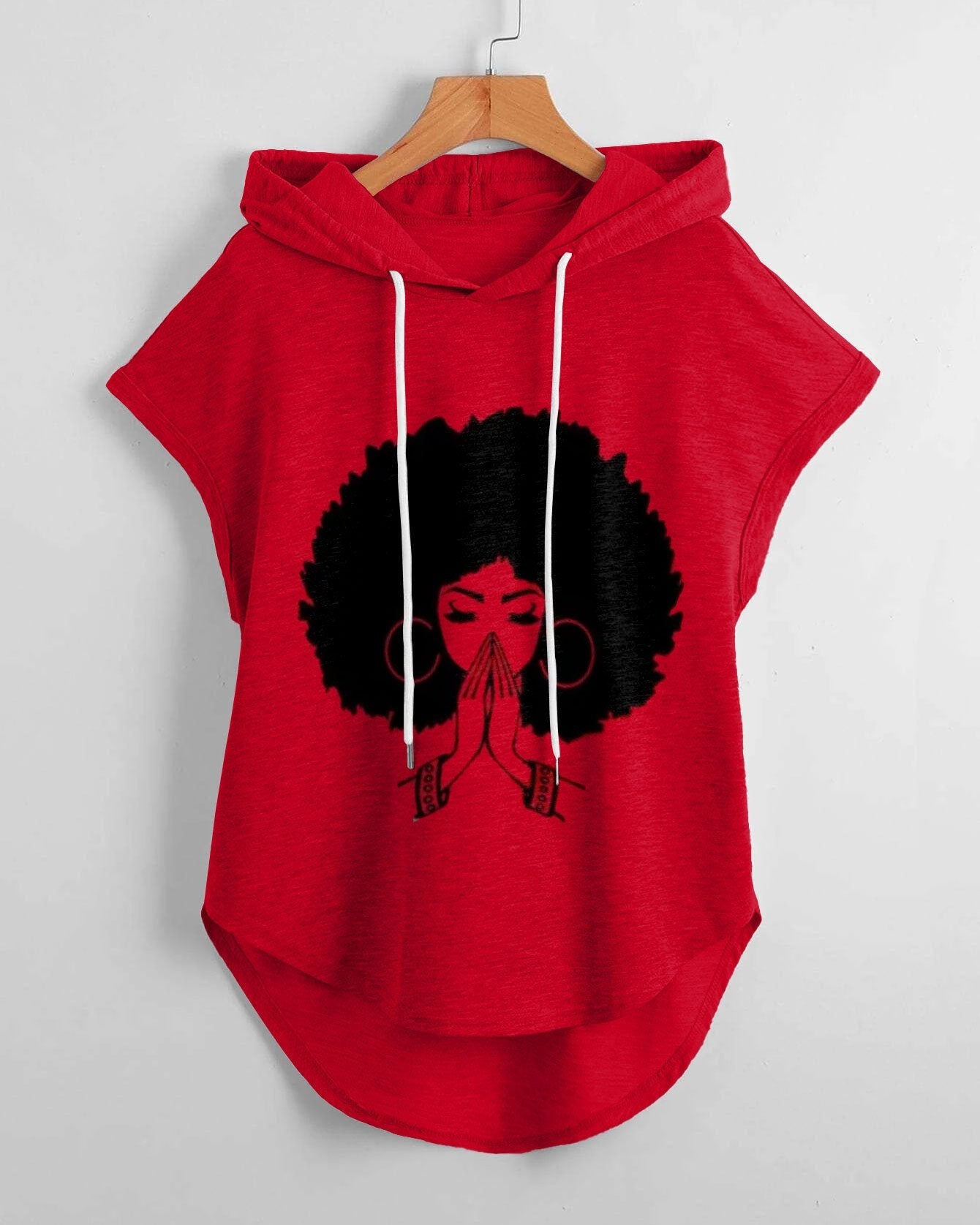 Afro Praying Girl High Low Hem Drawstring Hooded Tee