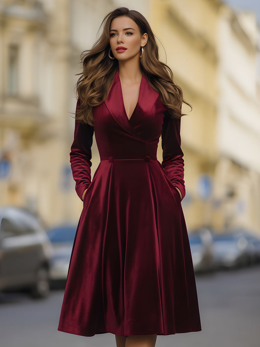 Burgundy Velvet Blazer Midi Dress