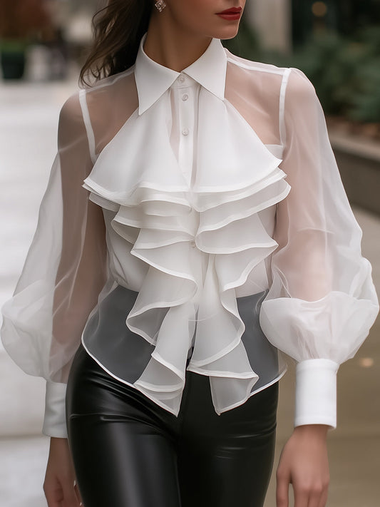 Layered Ruffle Sheer-Sleeve Blouse