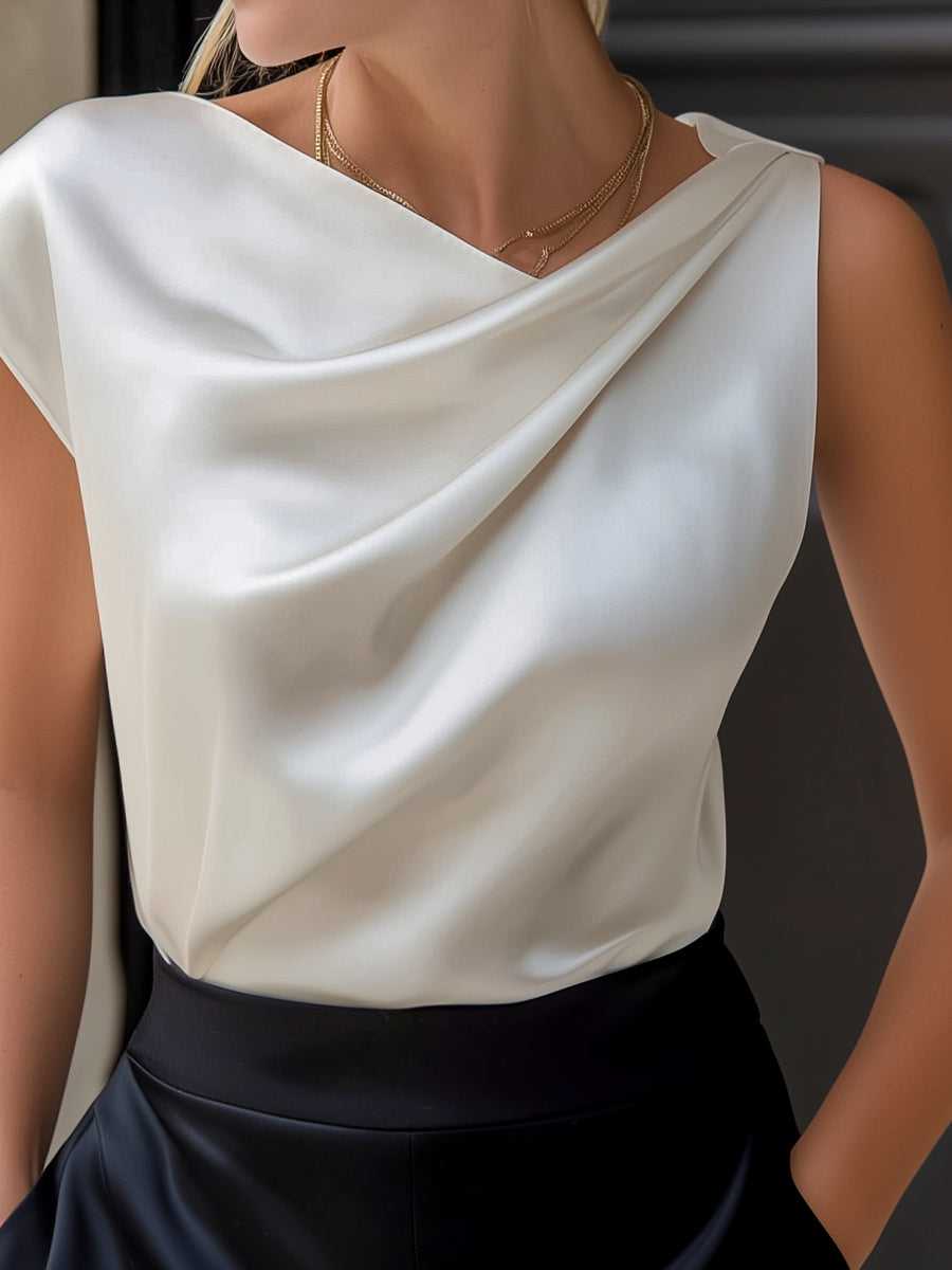 Asymmetric Draped Satin Sleeveless Top Blouse