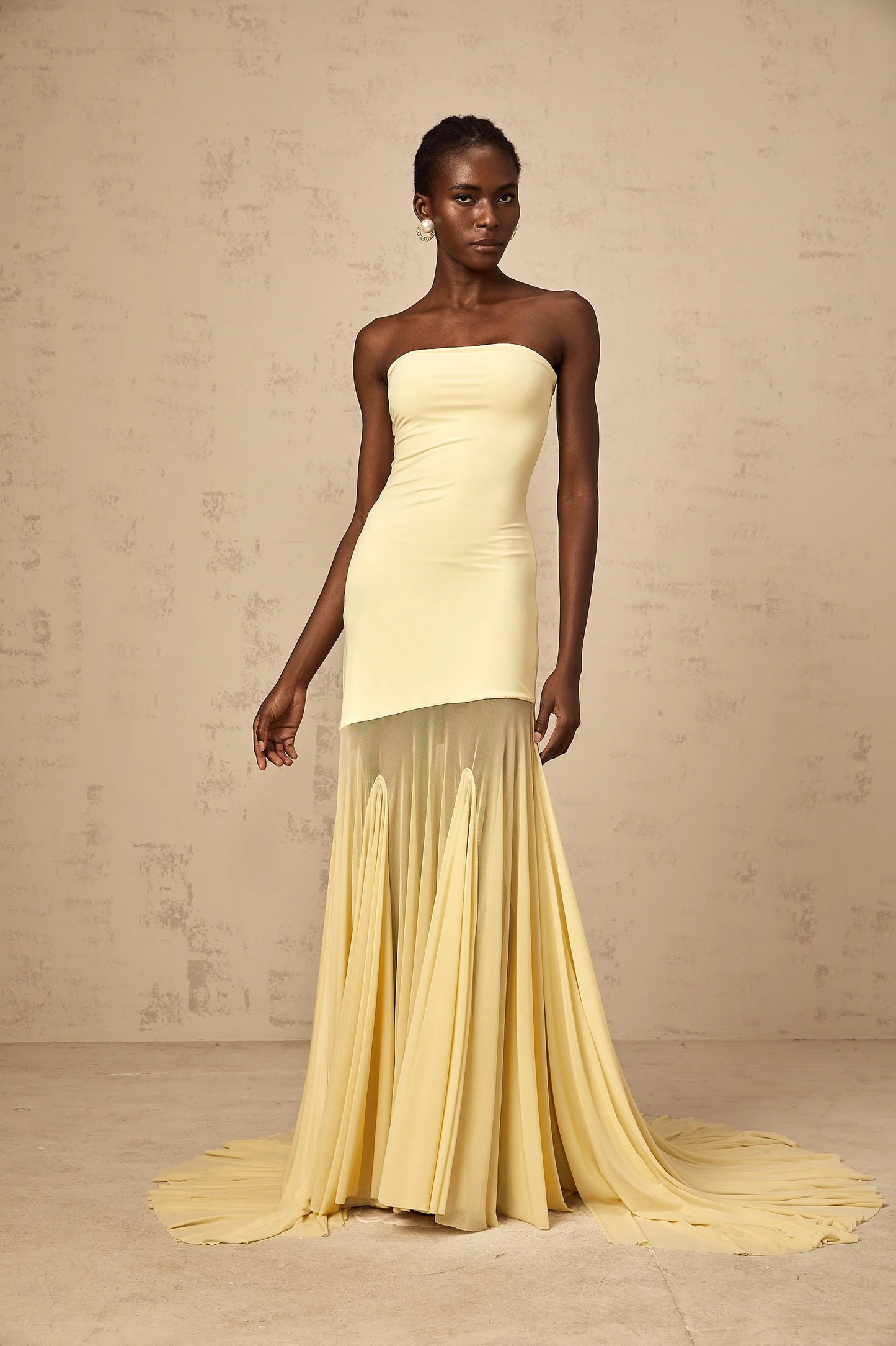 Josiane yellow off-shoulder sheer tulle maxi dress
