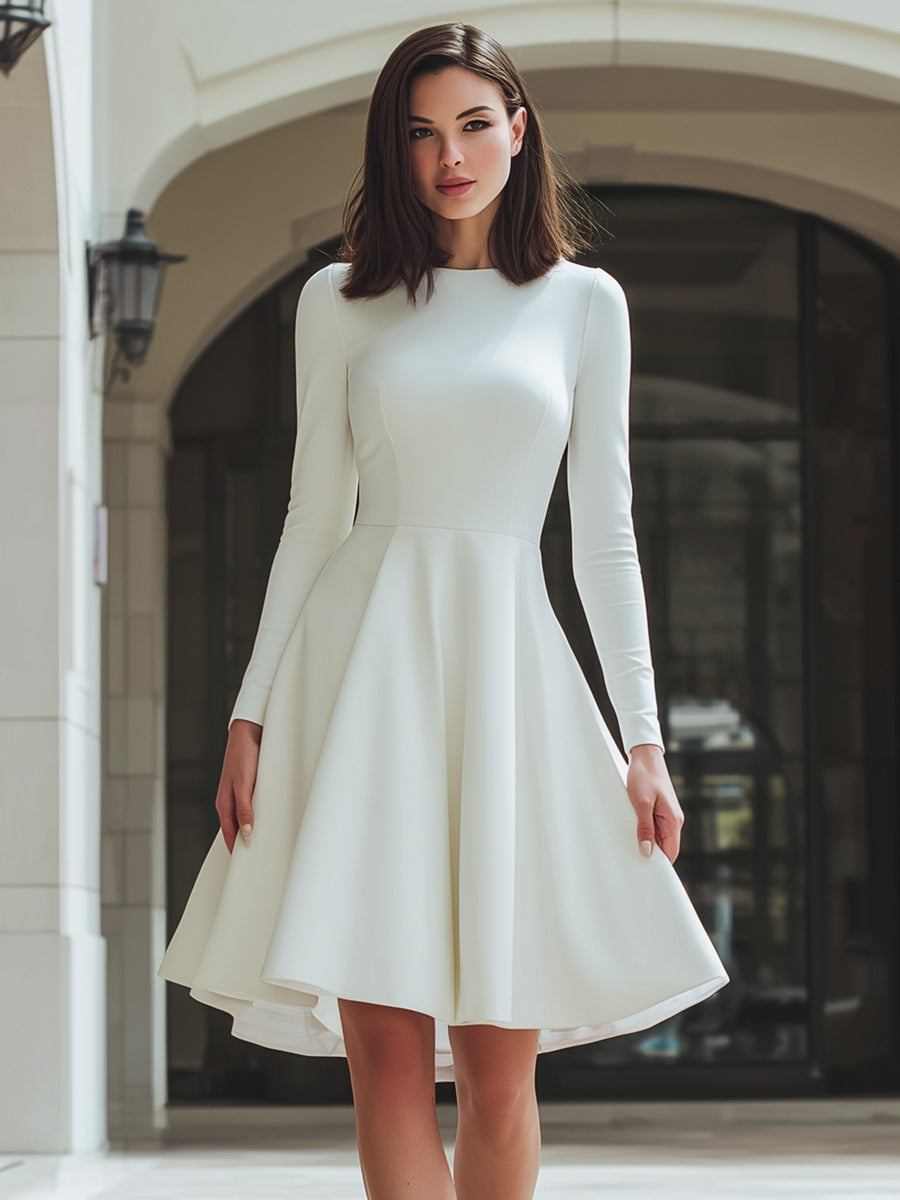 White Long-Sleeve A-Line Flared Midi Dress