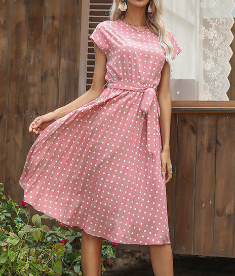 Mid-Length Dress Short Sleeve Lace-up Polka Dots Pleated Dress