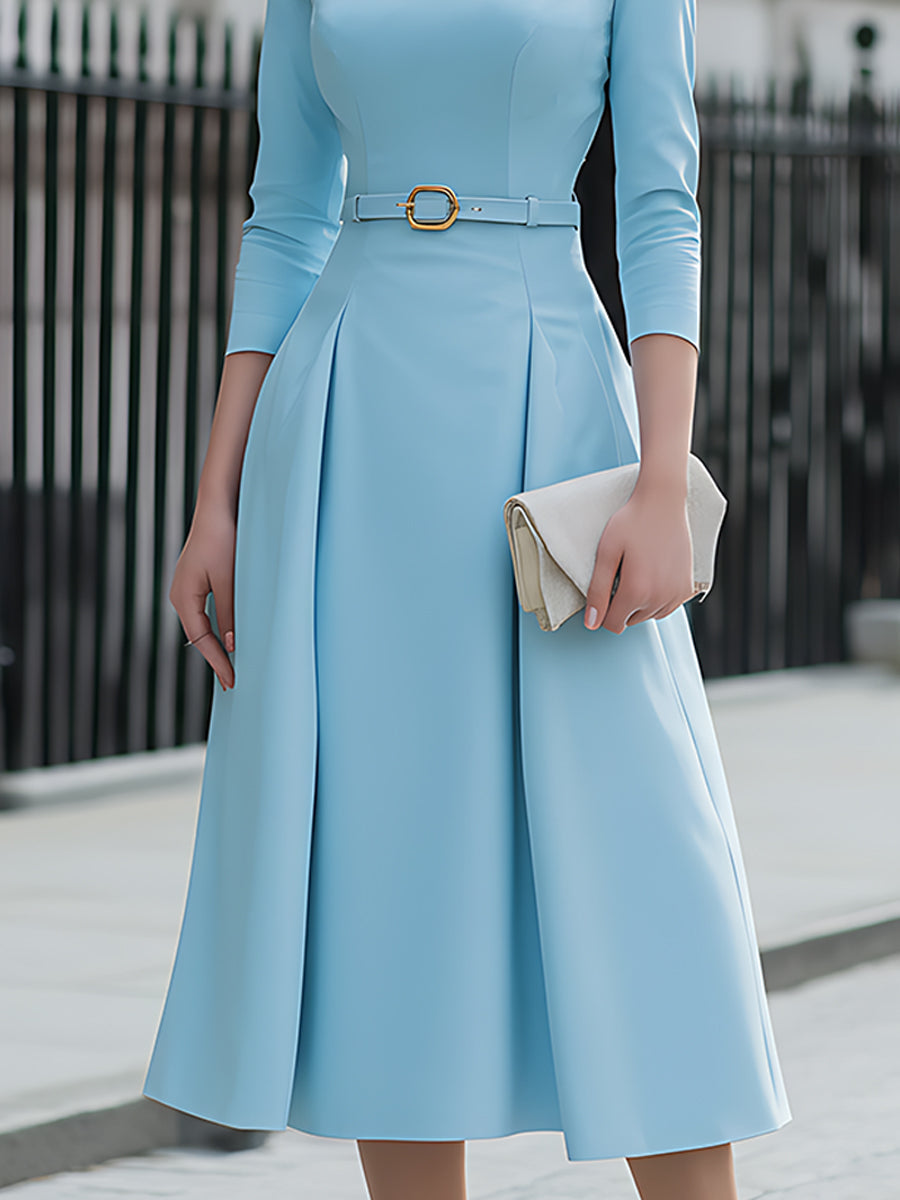 Collared Belted Pleated Midi Dress