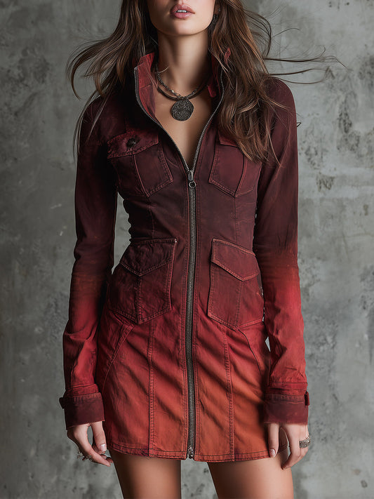 Bohemian Washed Gradient Denim Flap Pocket Slim Mini Dress