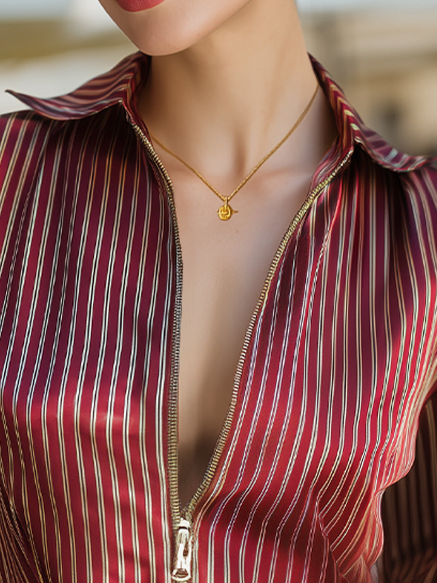 Chic Striped Zip-Front Satin Blouse