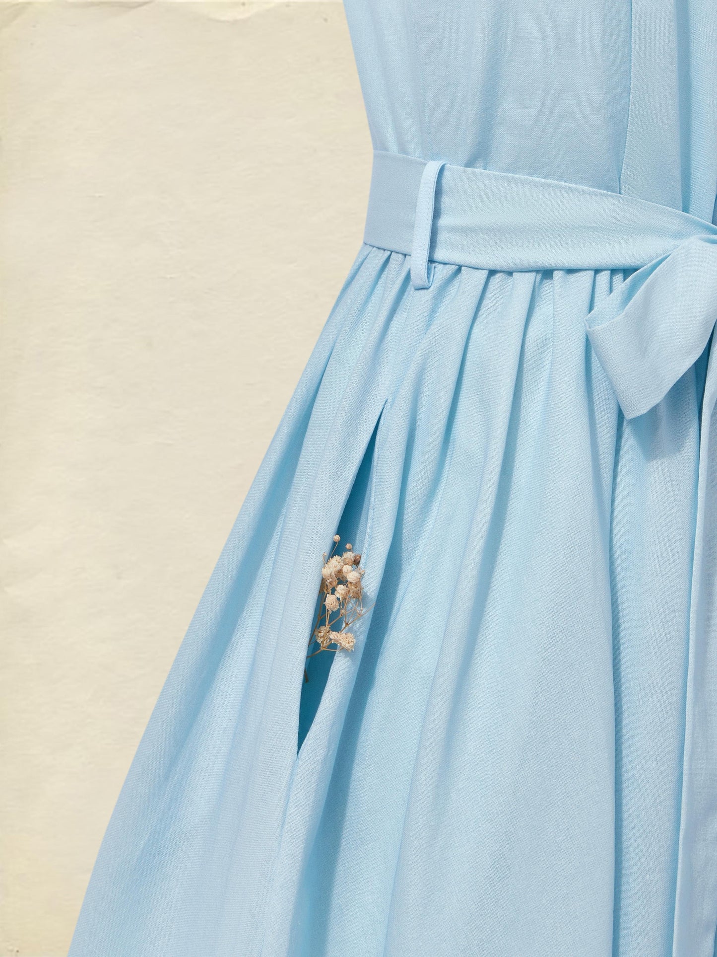 Maxi Linen Dress , Sleeveless, Round Neck, Floral, Button Design, French Vintage, Sky Blue