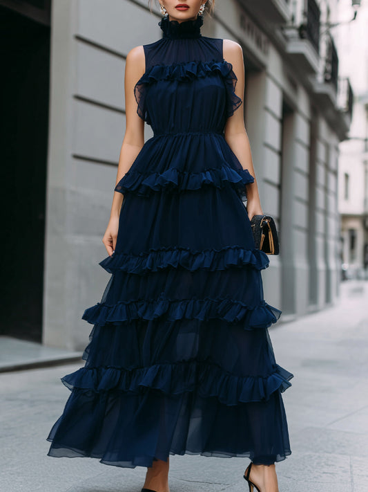 High Neck Tiered Ruffle Maxi Dress