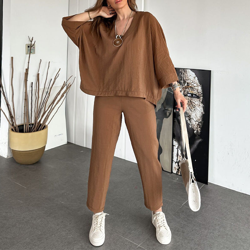 New V-neck Bat Shirt Two-piece Trousers with drawstring