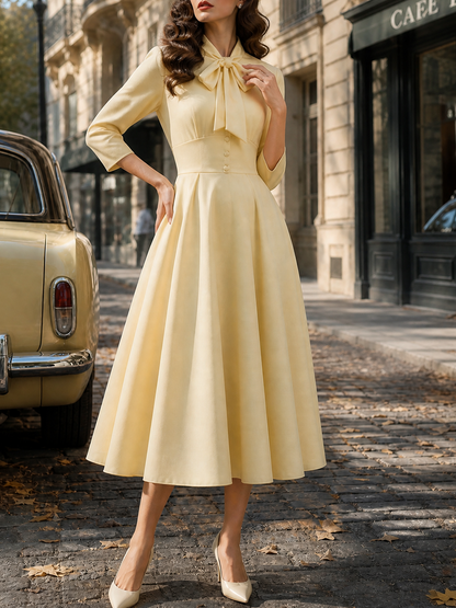 Elegant Butter-Yellow Bow-Tie Buttoned Waist Midi Dress