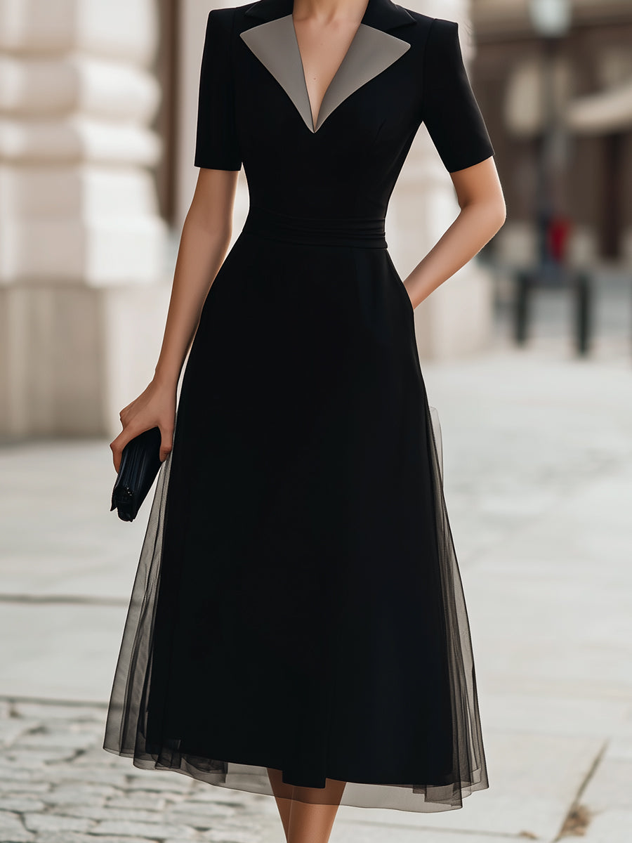 Silver-Trimmed Lapel Midi Dress