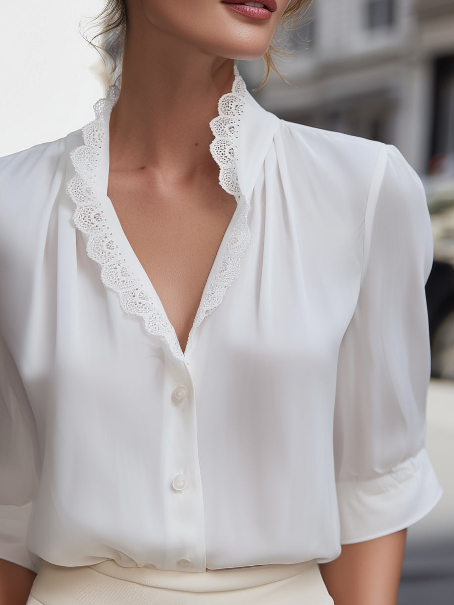 Lace-Trim V-Neck Button-Up Blouse