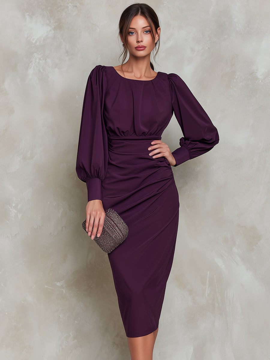 Ruched Waist Puff Sleeve Midi Dress