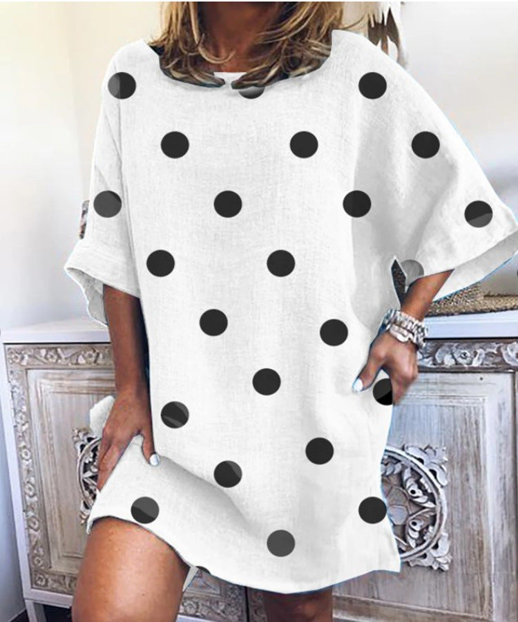 Plus Size New Polka Dot Print Fashion round Neck Loose Half Sleeve Dress