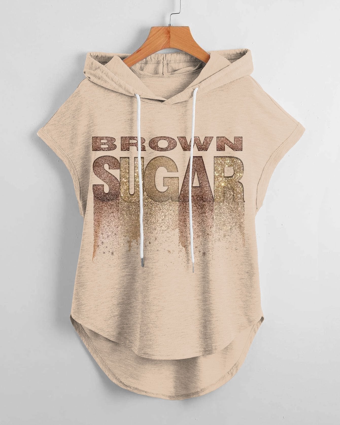 Brown Sugar High Low Hem Drawstring Hooded Tee