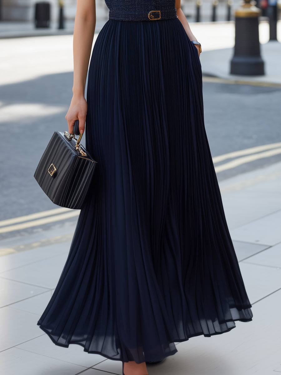 Sleeveless Collared Pleated Dress With Gold-Tone Buttons