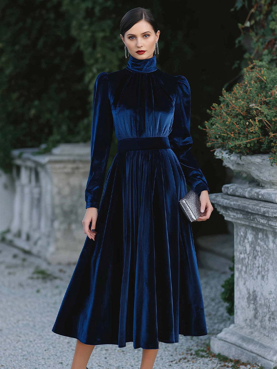 High-Neck Pleated Velvet Midi Dress