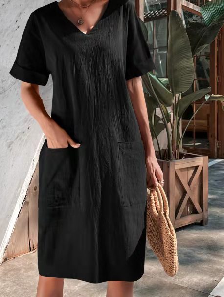 Short Sleeve V-neck A- line Dress