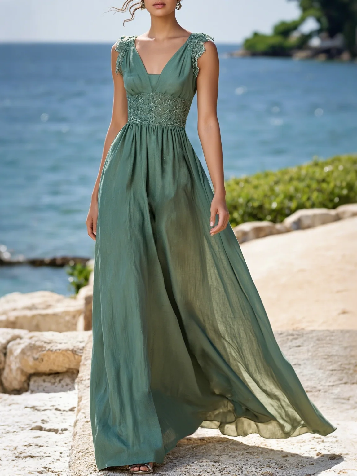 (SIZE:XS-XXL)Linen Maxi Dress, Sleeveless, V neck, Plain, Vintage, Cyan