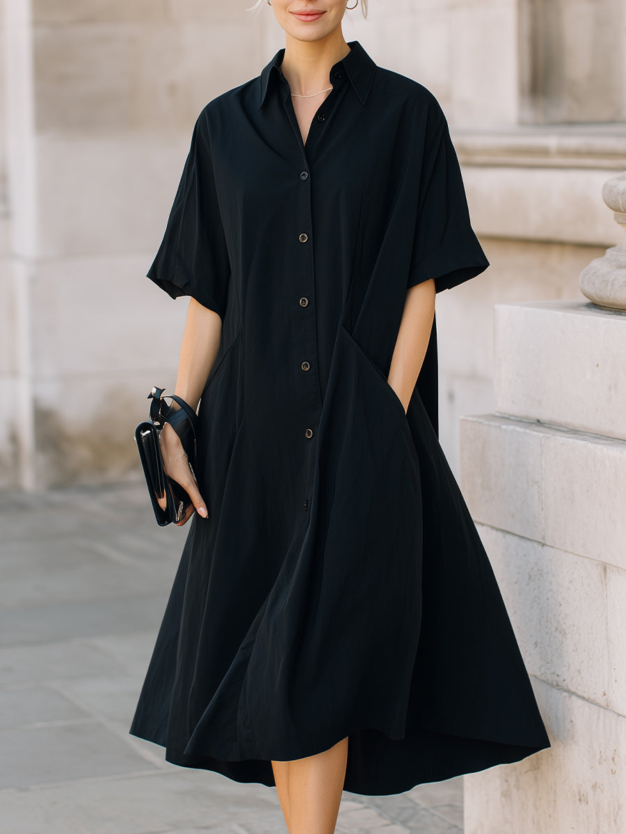 Button-Front Short Sleeve Midi Shirt Dress