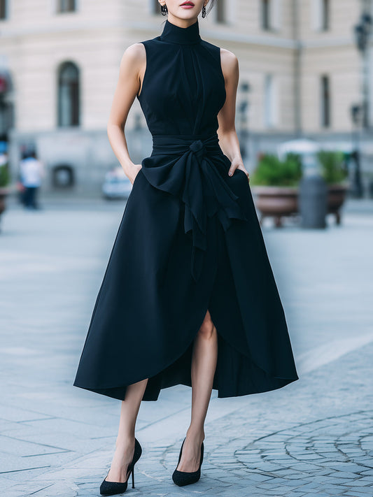 Elegant Black High-Neck Sleeveless Asymmetrical Midi Dress