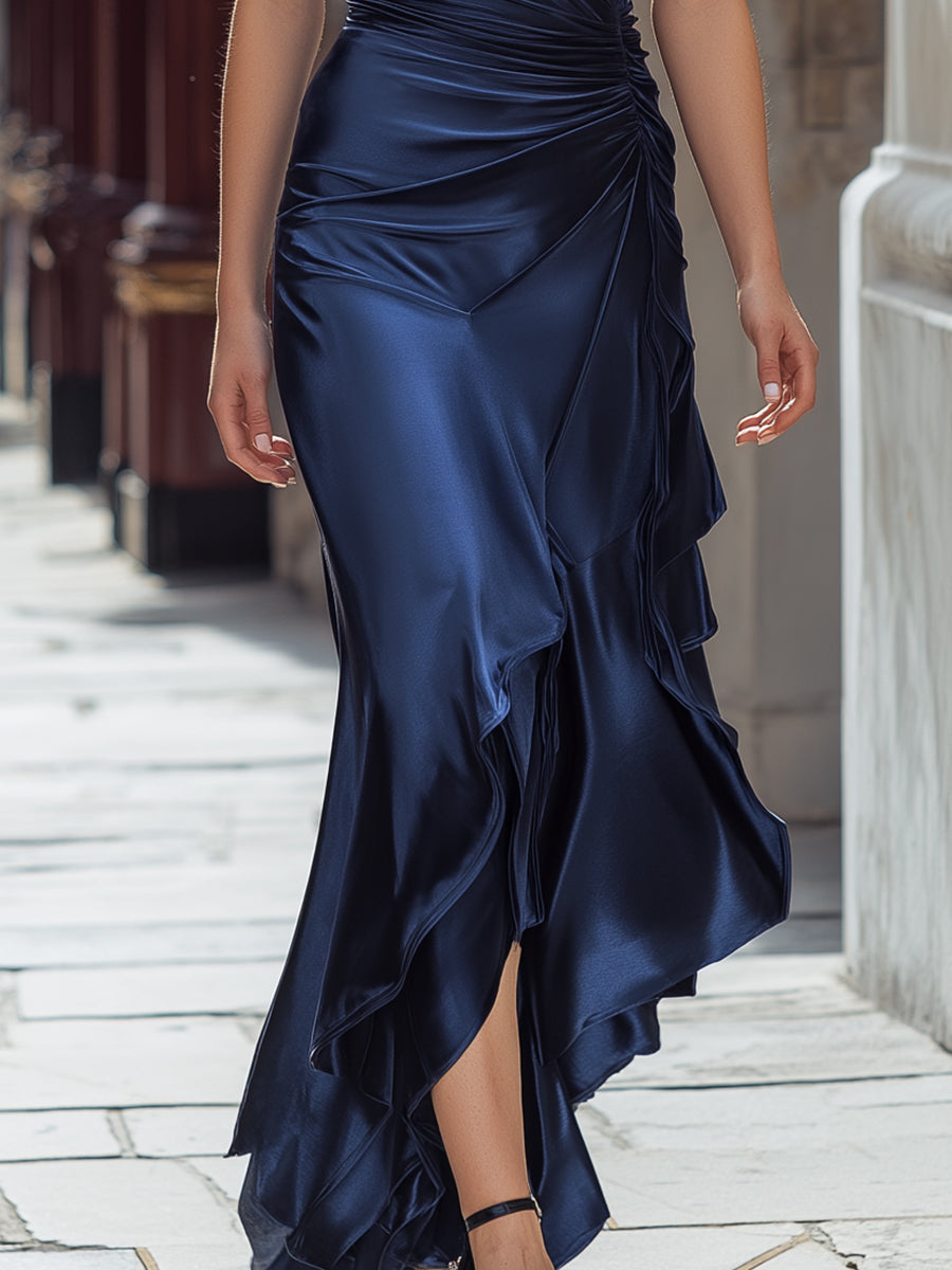 Navy Satin Halter Draped Maxi Dress With Ruffle Detail