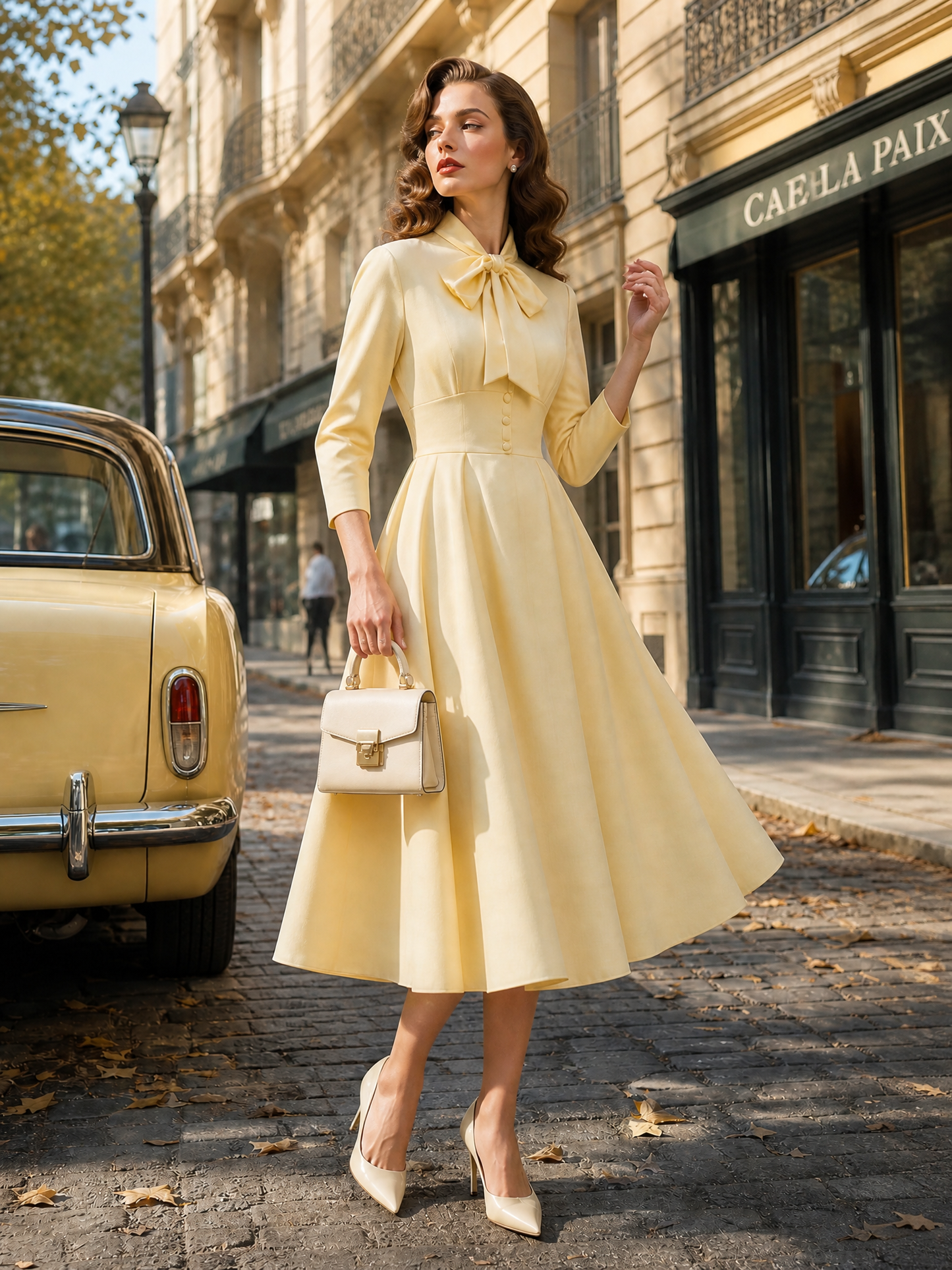 Elegant Butter-Yellow Bow-Tie Buttoned Waist Midi Dress