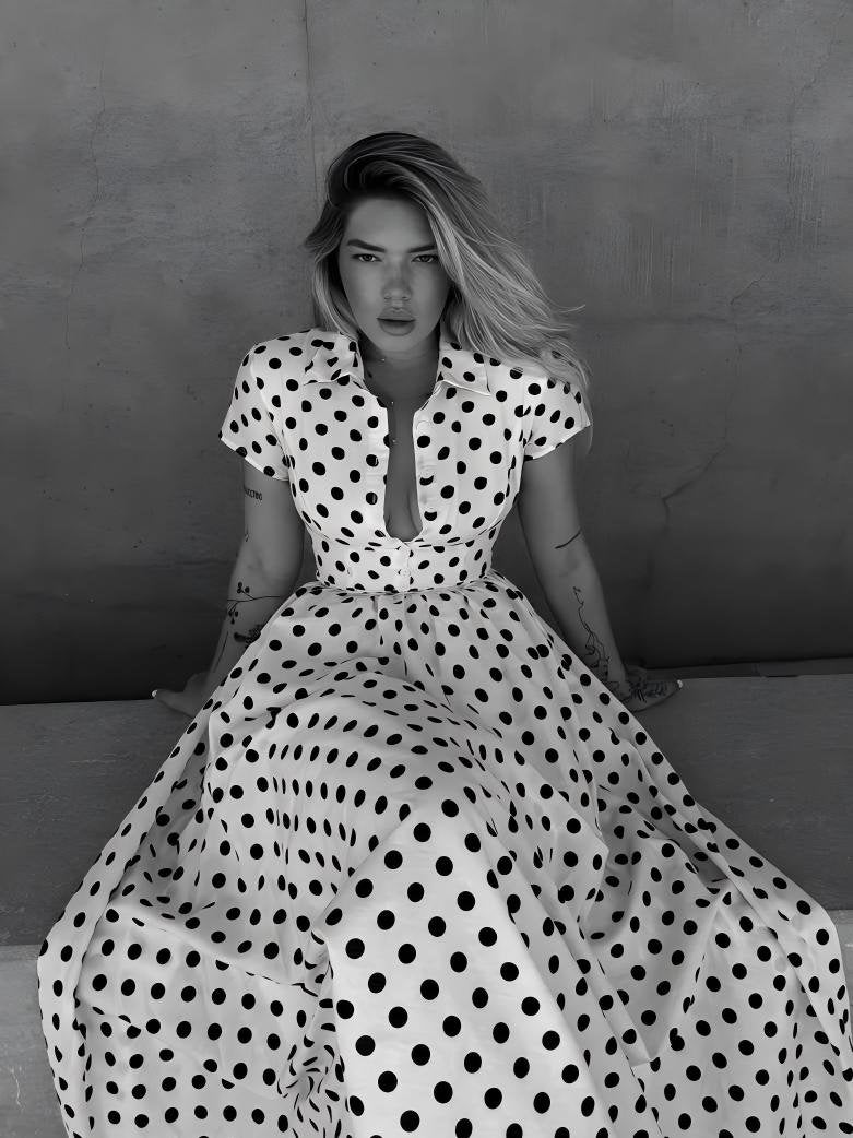 Cotton Maxi Dress, Short Sleeve, Shawl Collar, Polka Dot, Vintage, White