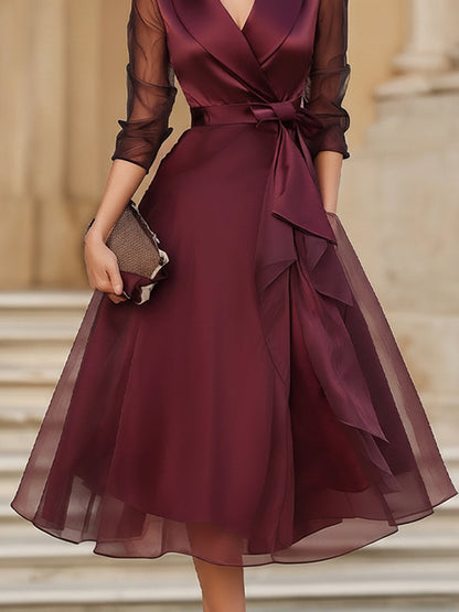 Burgundy Wrap Midi Dress for Wedding Guest – Sheer Sleeve Formal Dress