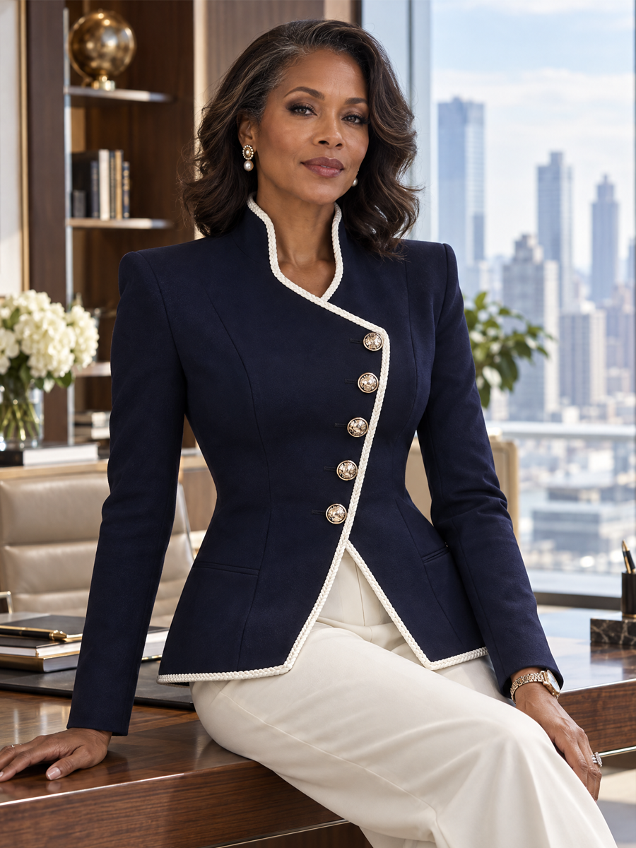 Elegant Stand Collar Braided Trim Fitted Waist Office Blazer