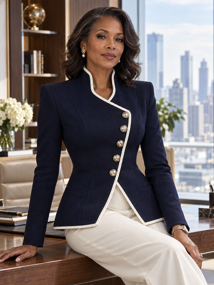Elegant Stand Collar Braided Trim Fitted Waist Office Blazer