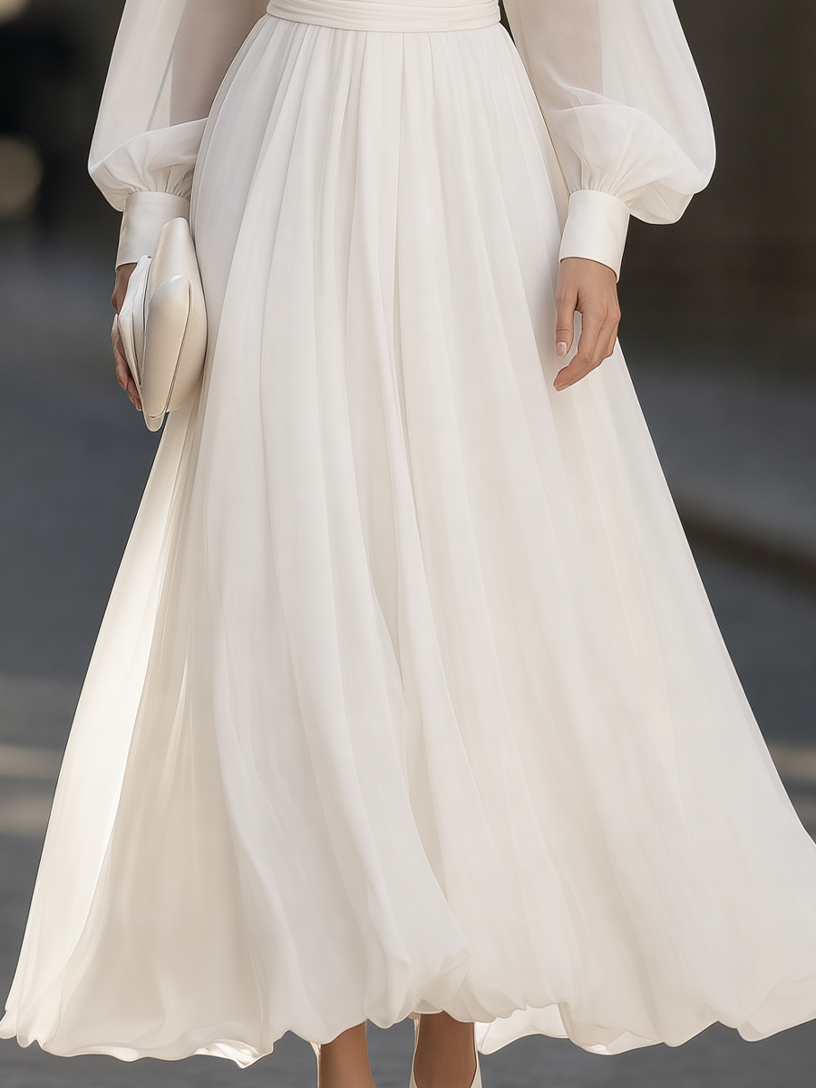 Halter-Neck Balloon-Sleeve Maxi Dress With Ruched Waist