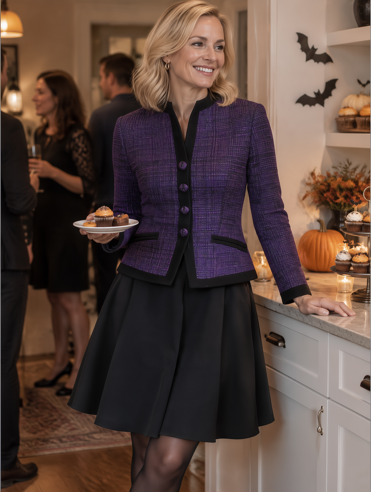 Purple Tweed Black Trim Mandarin Collar Fitted Jacket