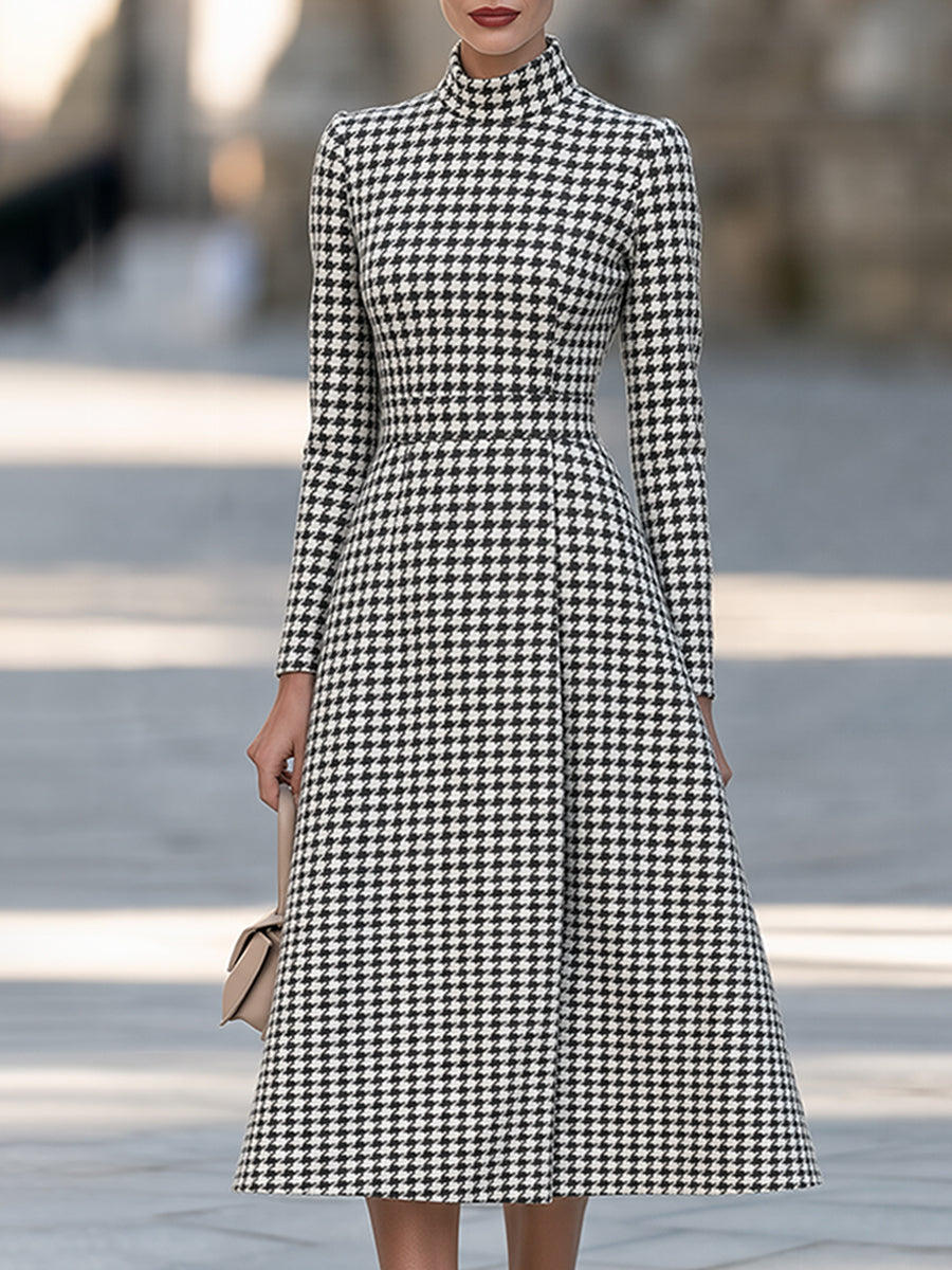 Houndstooth Print High Neck Long Sleeve A-Line Midi Dress