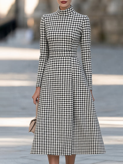 Houndstooth Print High Neck Long Sleeve A-Line Midi Dress